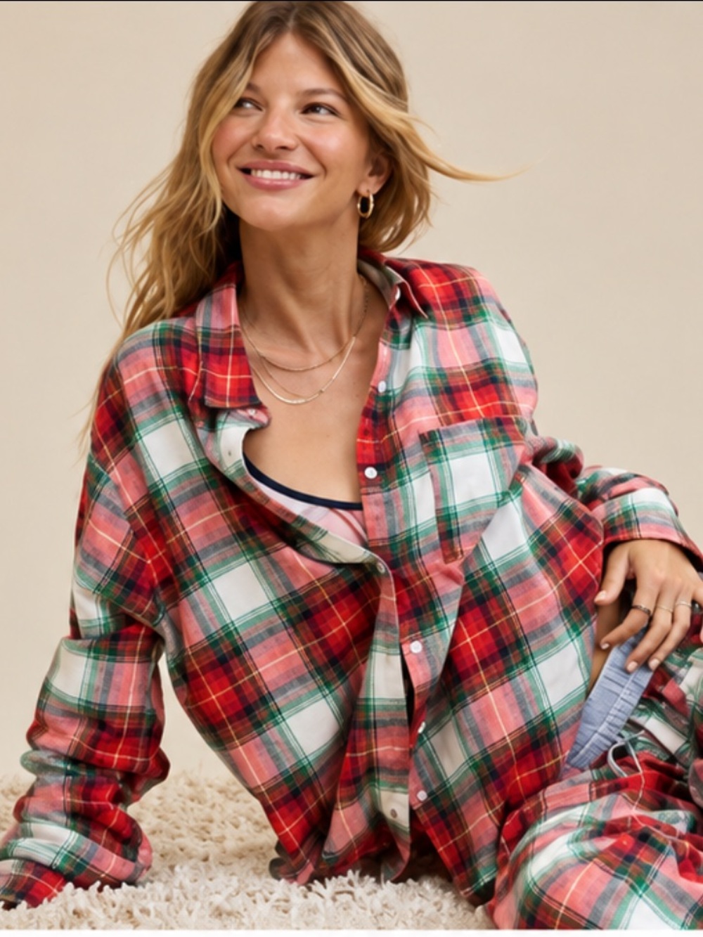 NWT Aerie Tartan Plaid Oversized Button-Up PJ Shirt Lounge Preppy Red XL